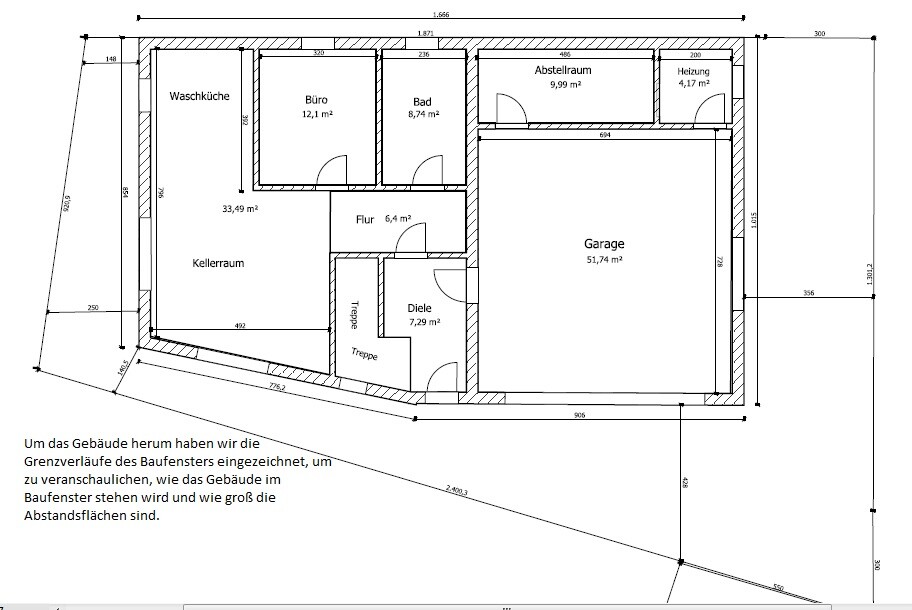 Grundriss eines Hauses mit Garage, Kellerraum, Waschküche, Büro, Bad, Flur, Diele und Heizung.
