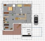 2D-Hausgrundriss mit Wohn- und Küchenbereich, Schlafzimmer, Treppen, Außenbereich und Auto.