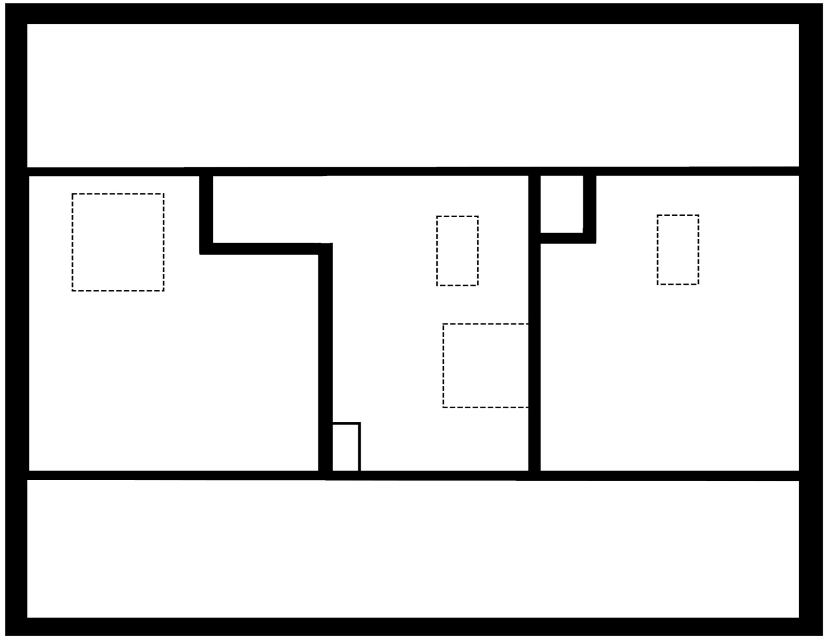 Schwarz-weißer Grundrissplan eines Hauses mit Innenwänden und markierten Möbelflächen.