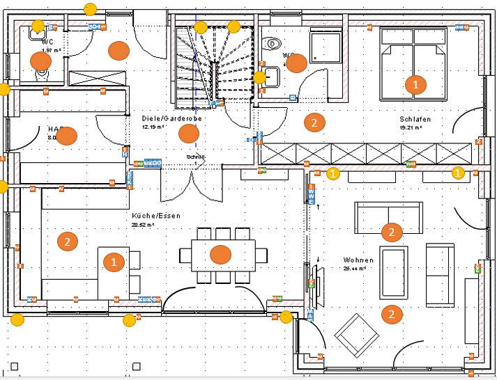 Großer Grundriss eines Hauses mit Küche, Wohnzimmer, Schlafzimmer und Treppen
