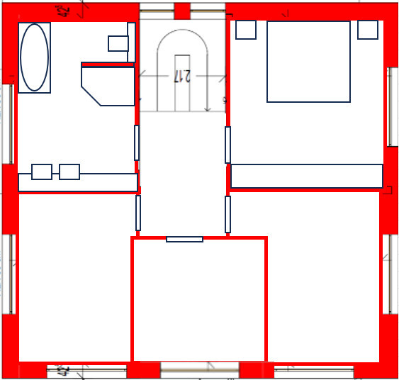 Grundriss eines Hauses: links Bad mit Badewanne, rechts Schlafzimmer mit Bett, Mitte Flur.