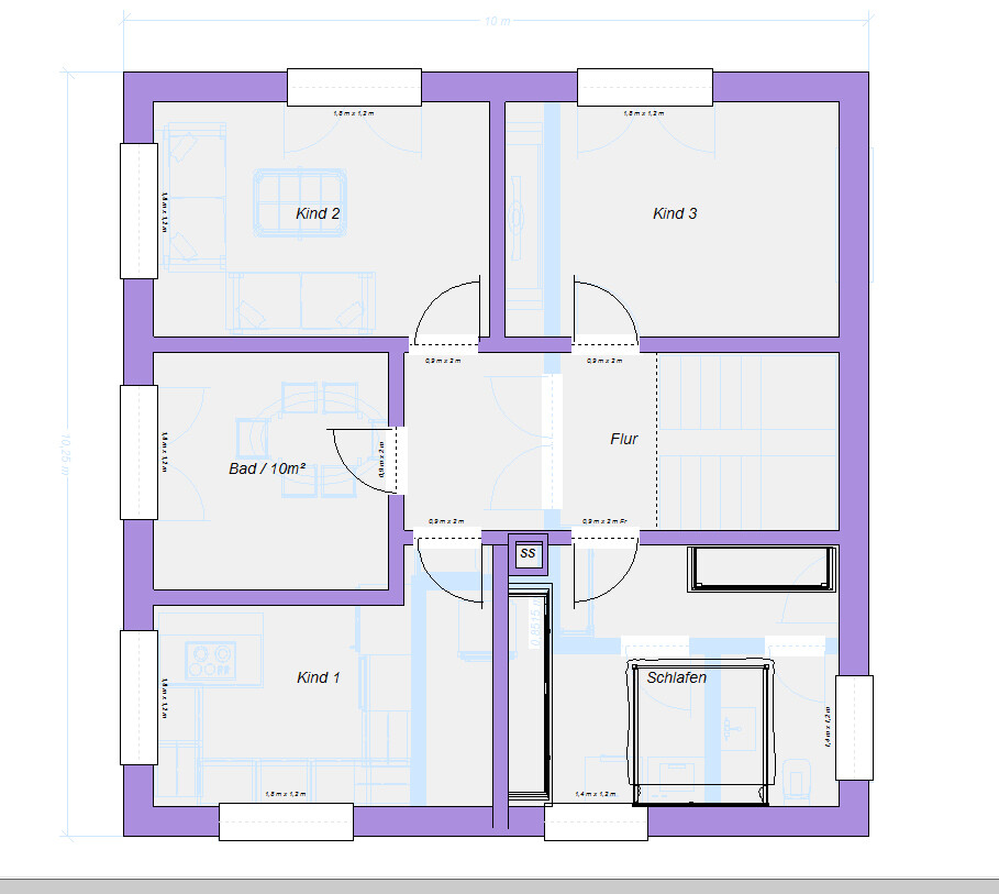 Grundriss eines Hauses mit Schlafen, Kind 1, Kind 2, Kind 3, Bad 10 m2, Flur und Treppen