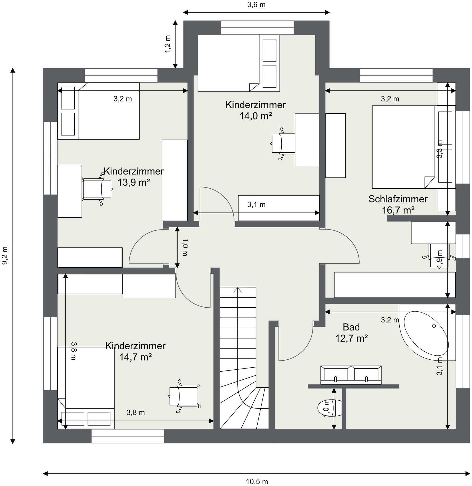 Grundriss eines Wohnhauses: drei Kinderzimmer, ein Schlafzimmer, Bad und Flur.