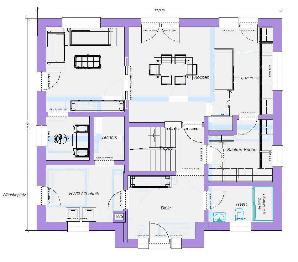 Grundriss eines Hauses: Diele, Kochen, Backup-Küche, Essecke, Technik, HWR, GWC, Treppe.