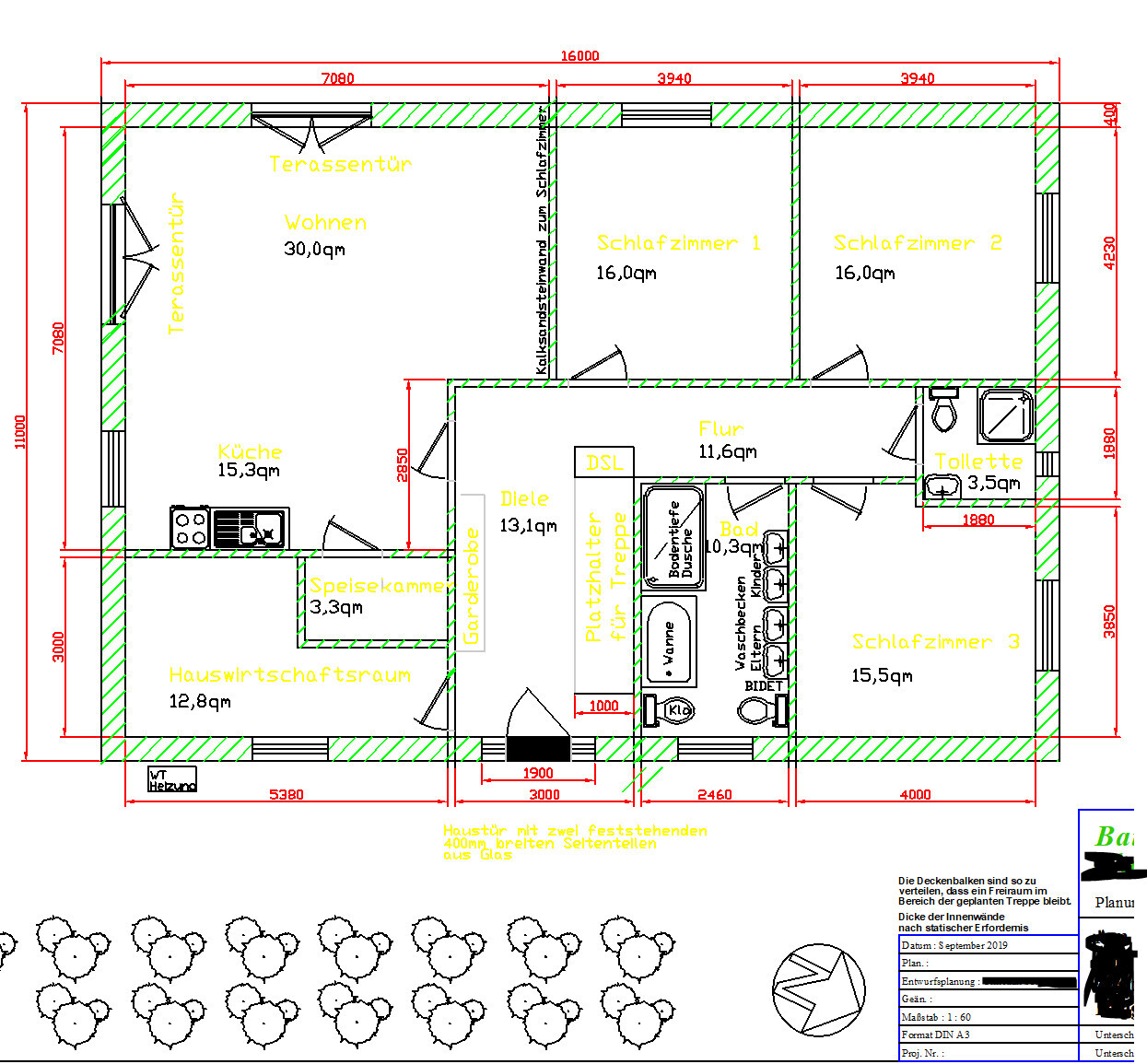 Grundriss einer Wohnung: Wohnzimmer, Küche, Diele, Flur, Bad, WC, 3 Schlafzimmer, Terrasse.