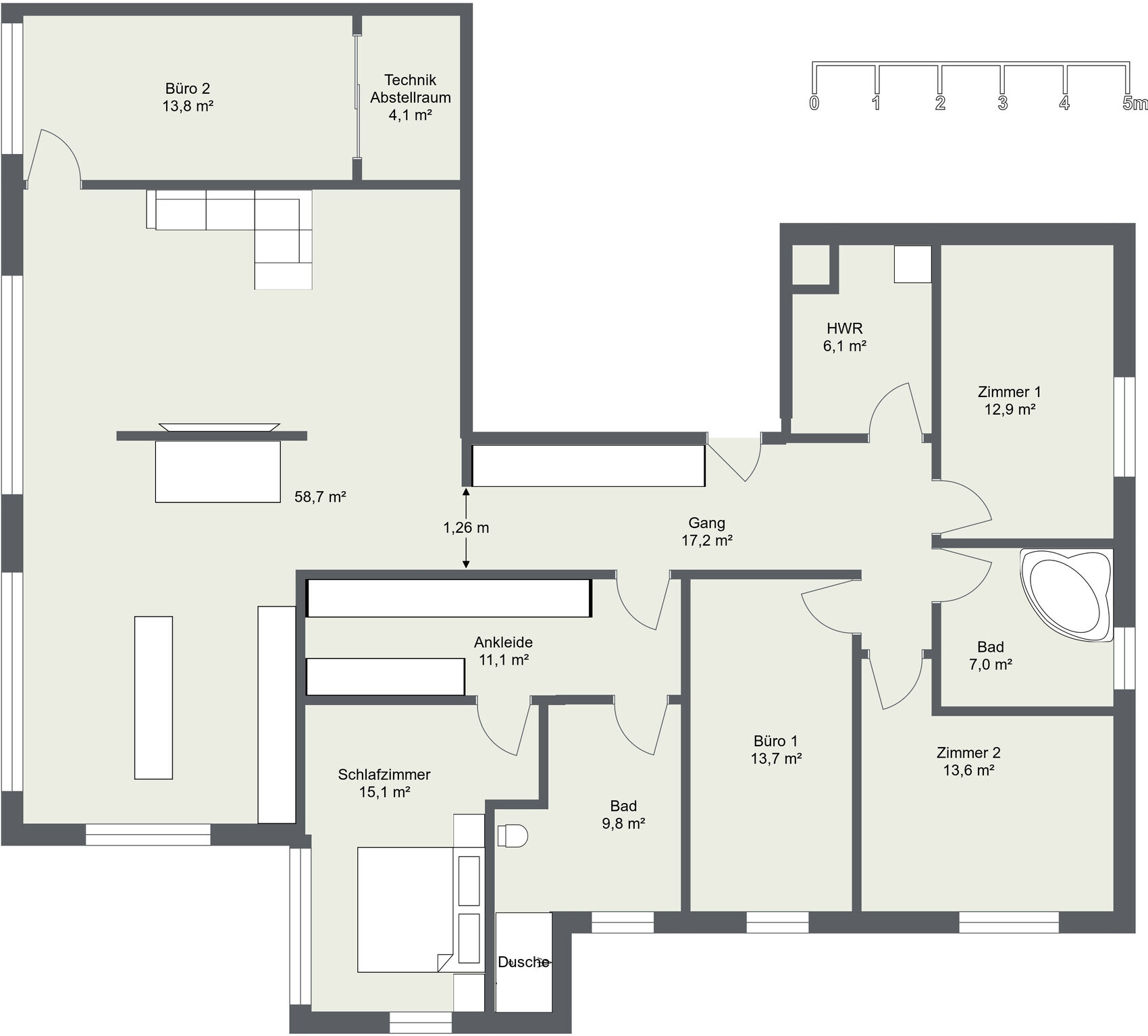 2D Grundrissplan eines Hauses mit Schlafzimmern Bad Küche und Wohnzimmer