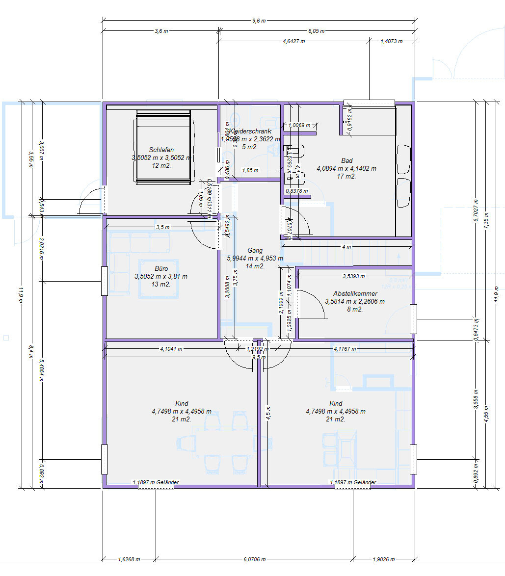 Detaillierter 2D-Grundriss eines Hauses mit Schlafzimmer, Bad, Büro und Kinderzimmern