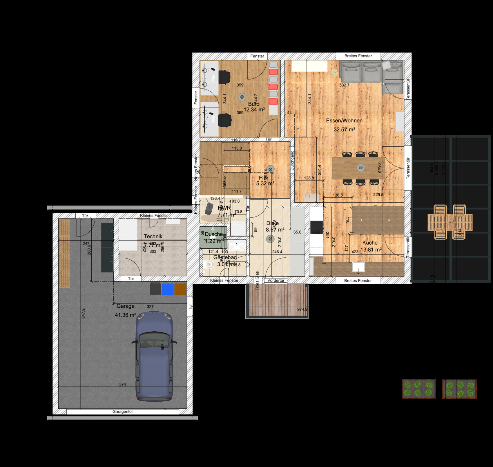 Grundrissplan eines Hauses mit Garage, Küche, Esszimmer und Wohnzimmer.