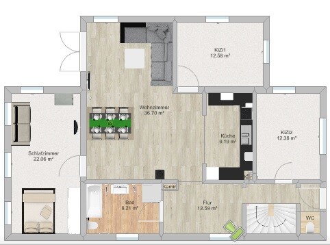 Grundriss eines Hauses mit Wohnzimmer, Küche, Bad, Schlafzimmer und Flur