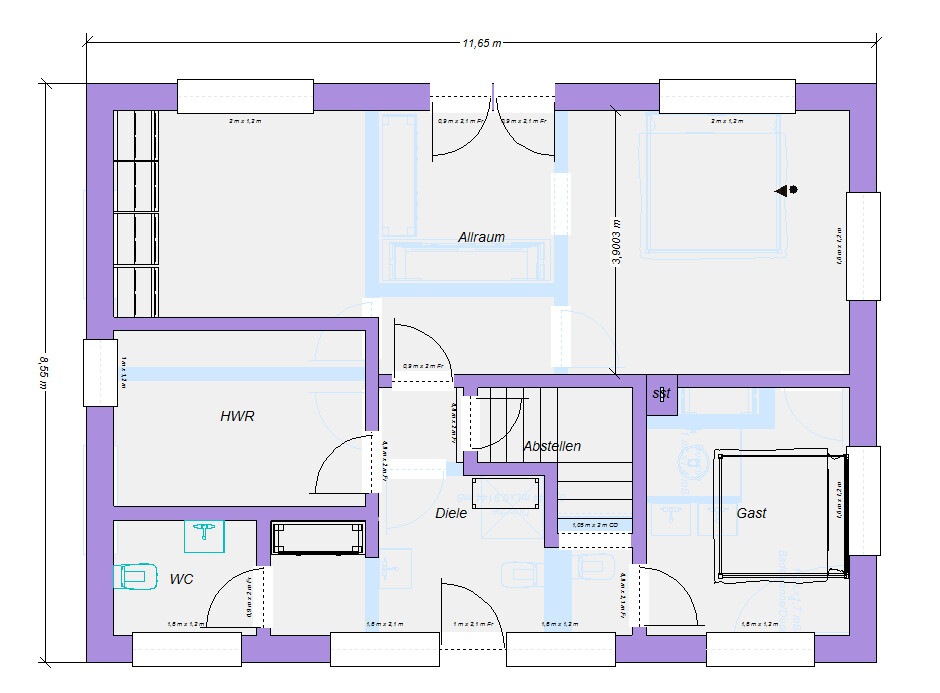 Grundriss eines Hauses mit Allraum, Diele, HWR, Abstellen, Gast, WC und Treppe.