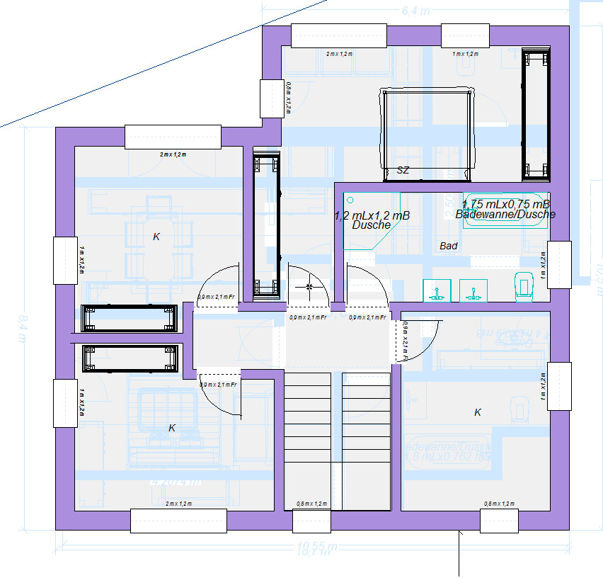 Grundriss eines Wohnungsplans mit Küche (K), Schlafzimmer (SZ), Bad mit Dusche, Treppenhaus.