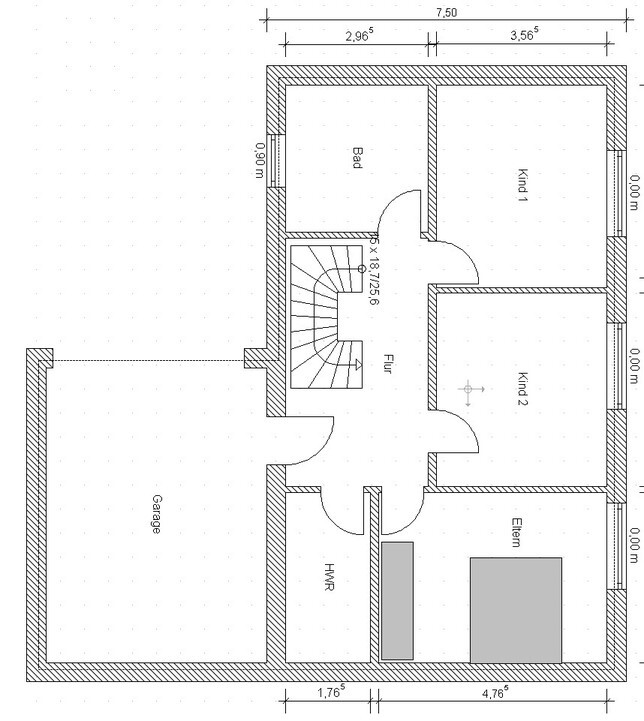 Grundriss eines Hauses: Garage links, Eltern, Kind 1, Kind 2, Bad, Flur, HWR und Treppe.