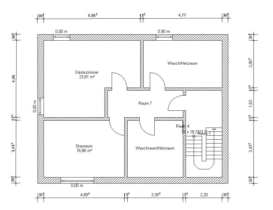 Grundriss eines Gebäudes: Gästzimmer, Stauraum, Waschraum/Heizraum, Flur, Treppen.