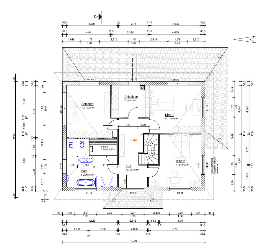 Grundriss eines Obergeschosses mit Schlafzimmer, Ankleide, zwei Kinderzimmer, Flur, Bad, Sauna.