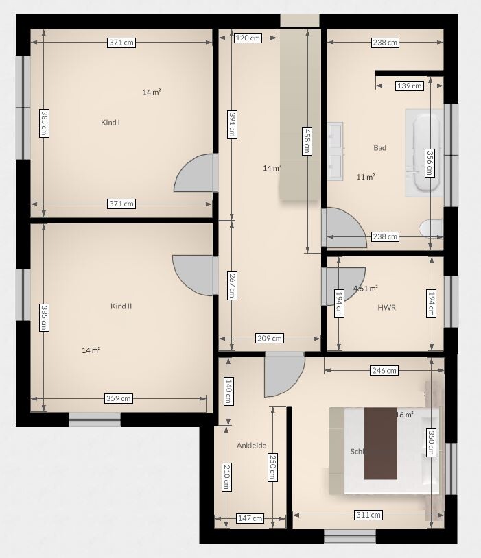 Grundriss: zentrale Halle; links Kind I/II; rechts Bad, HWR, Ankleide, Schlafzimmer.