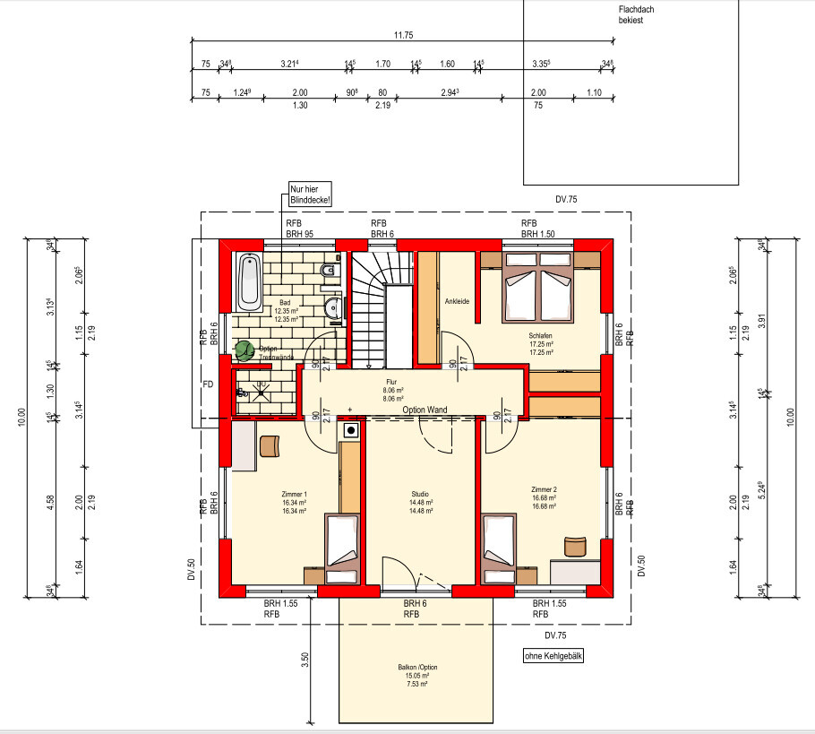 Grundriss eines Wohnhaus-Etages: Schlafzimmer, Bad, Studio, Zimmer 1–2, Flur, Ankleide, Balkon.