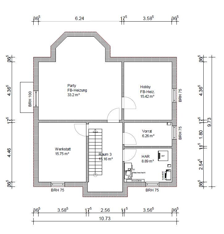 2D-Grundriss eines Hauses mit Werkstatt, Hobbyraum, Vorrat und HAR