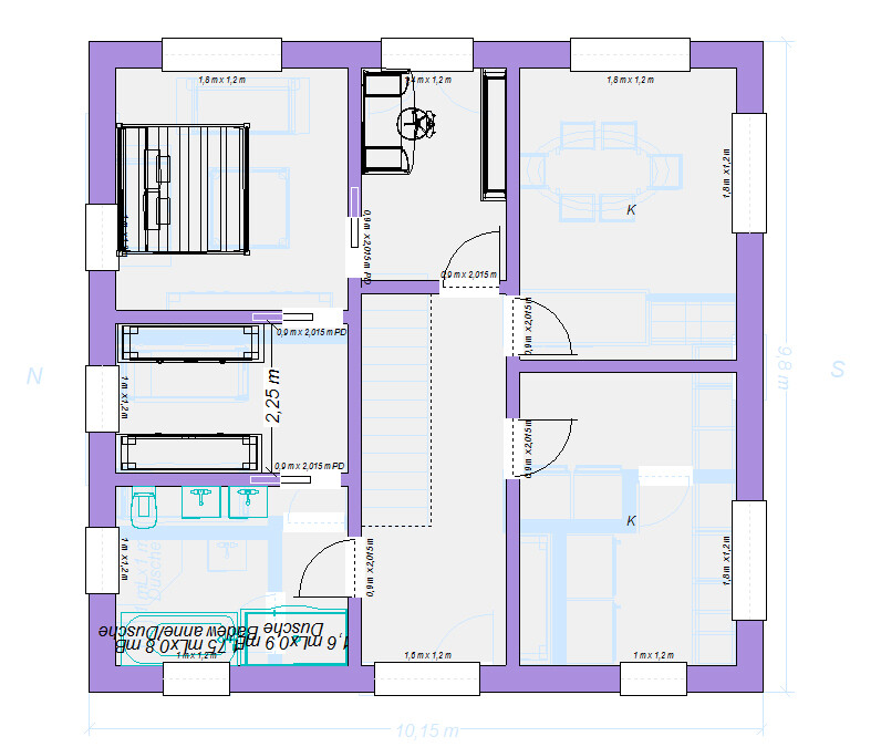 Grundriss eines Hauses von oben mit zentraler Treppe, mehreren Räumen, Küche und Türen.