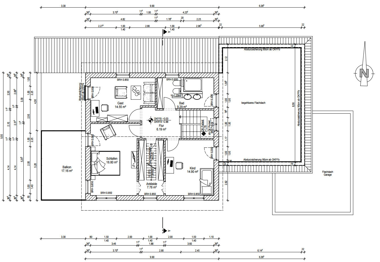 Grundriss eines Hauses mit Schlafzimmer, Bad, Balkon und weiteren Zimmern