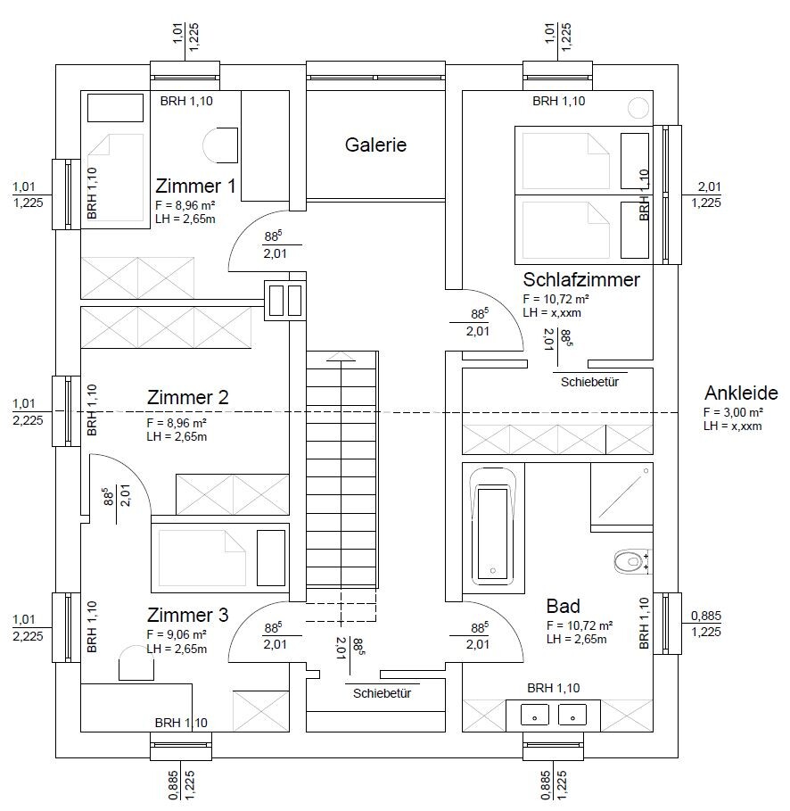 Grundriss eines Obergeschosses mit Zimmern 1–3, Galerie, Schlafzimmer, Bad und Ankleide.