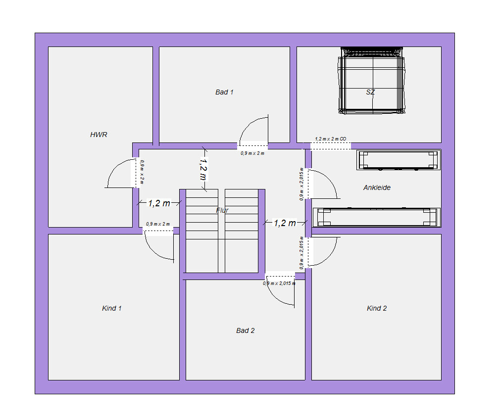 Grundriss eines Hauses: Flur mit Treppe, HWR, Bad 1, Bad 2, Ankleide, Kind 1, Kind 2, Garage.