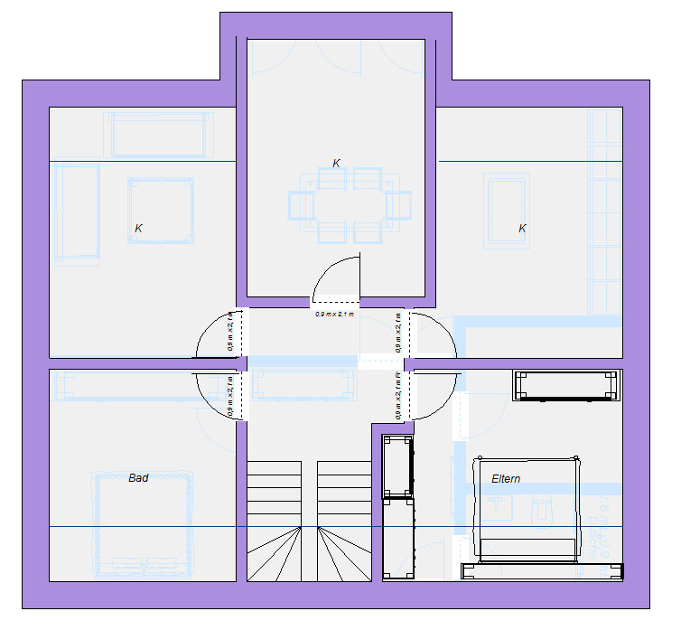Grundriss eines Hauses mit zentraler Treppe, Flur, Küche oben, Elternzimmer, Bad und Kinderzimmer.