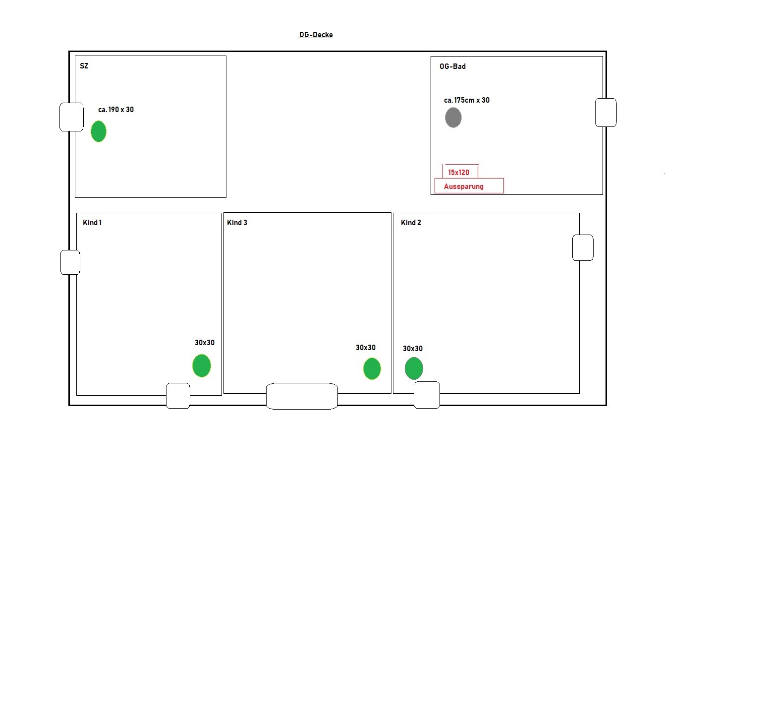 Grundriss OG-Decke mit SZ, OG-Bad und drei Kinderzimmer; grüne Kreise markieren Objekte