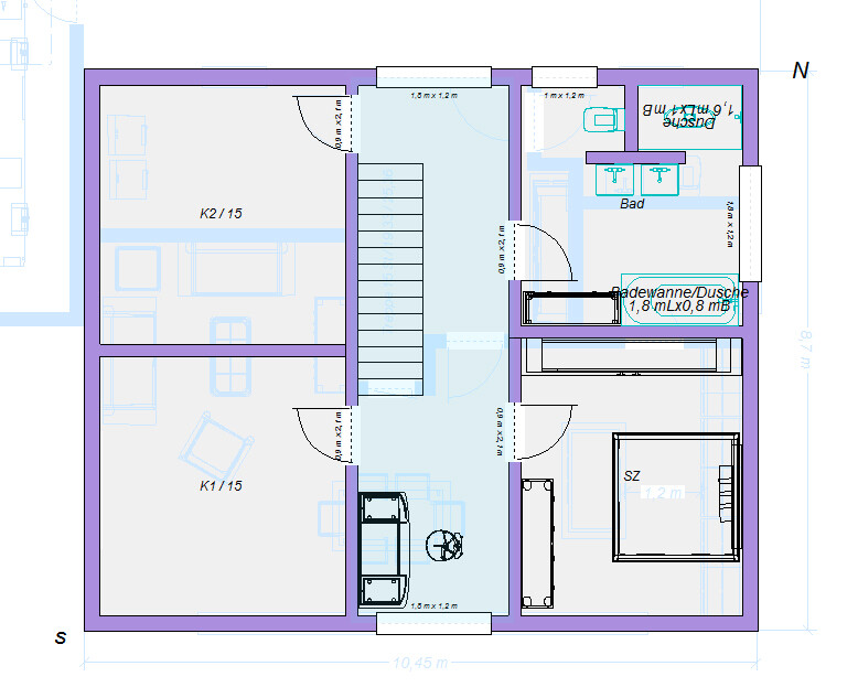 Grundriss eines Hauses: Treppenhaus in der Mitte, Zimmer links, SZ rechts, Bad mit Wanne/Dusche.