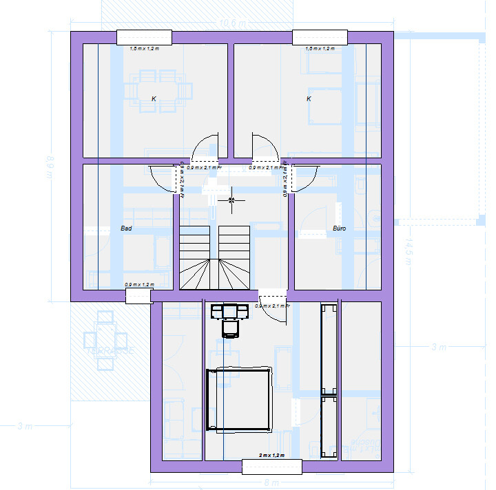Grundriss eines Gebäudeteils mit zentraler Treppe, Bad, Büro und zwei Räumen mit Bezeichnung K.