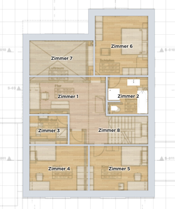 Grundriss eines Hauses mit acht Zimmern (Zimmer 1–8) und Bad, Innenaufteilung