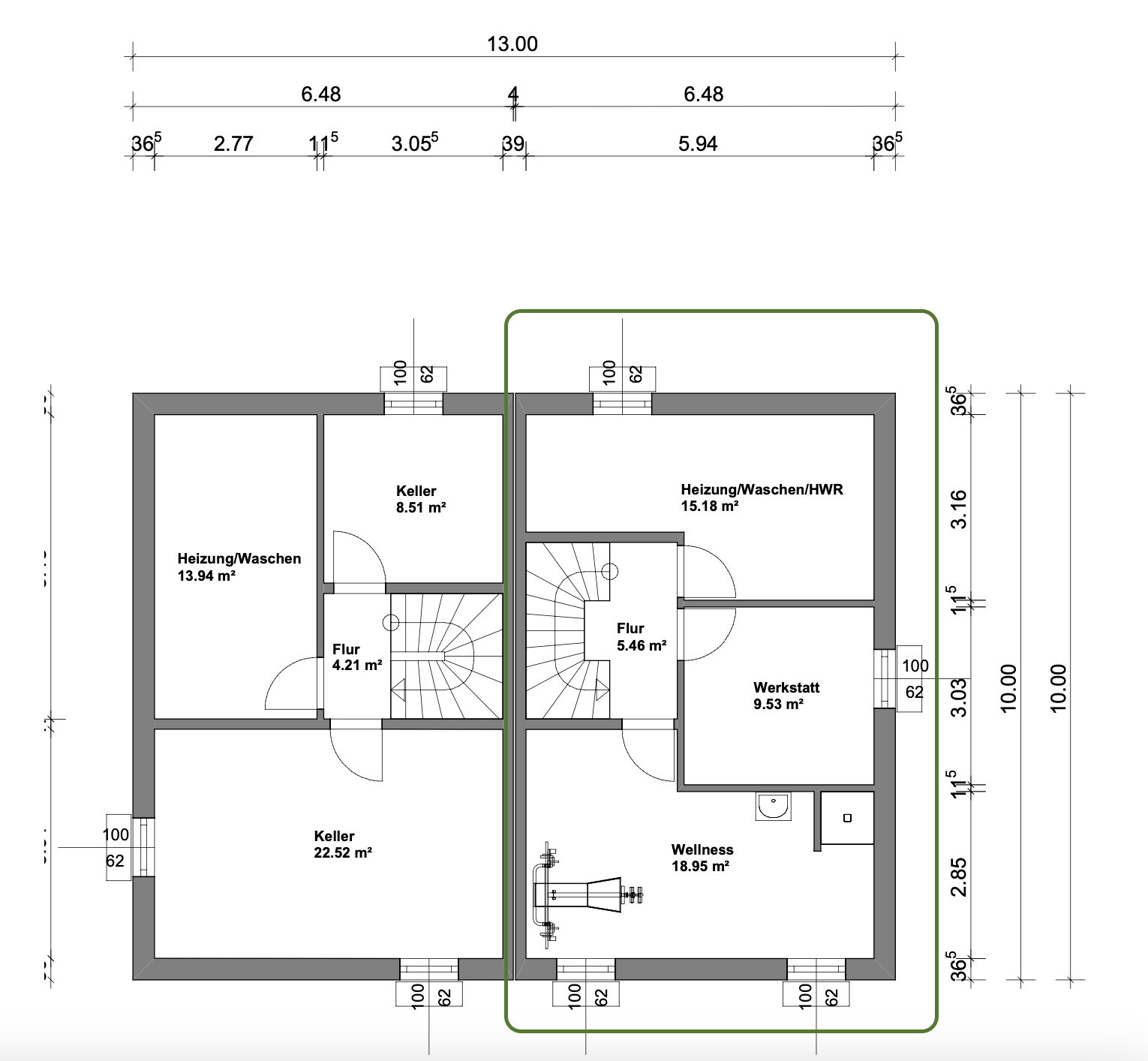 Grundriss eines Hauses mit Keller, Fluren, Wellness, Werkstatt und Heizungsraum.