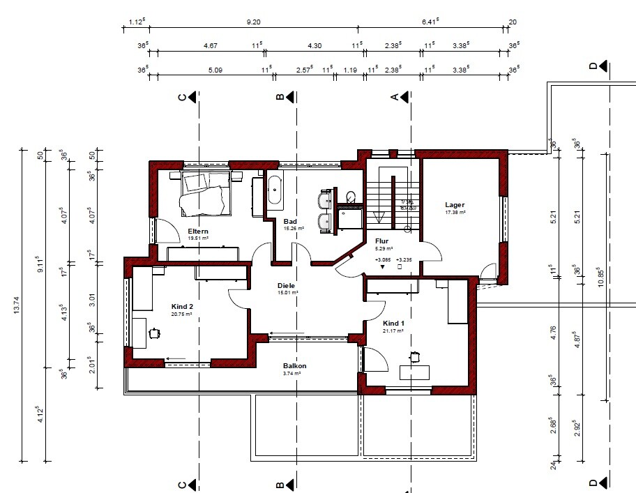 Grundriss eines Hauses mit Schlafzimmern, Flur, Balkon, Bad und Lager im oberen Stockwerk