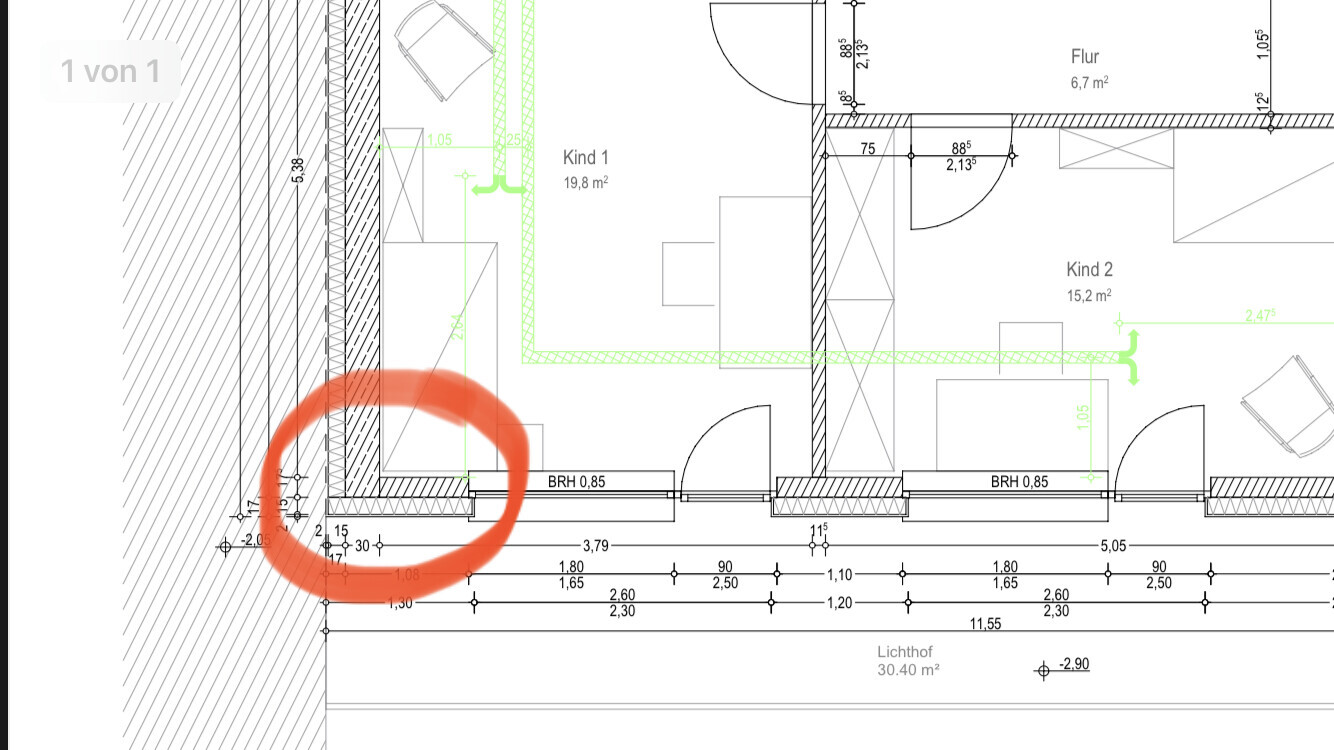 Bauplan eines Wohnraums mit markierter Ecke unten links, Türbereich sichtbar.