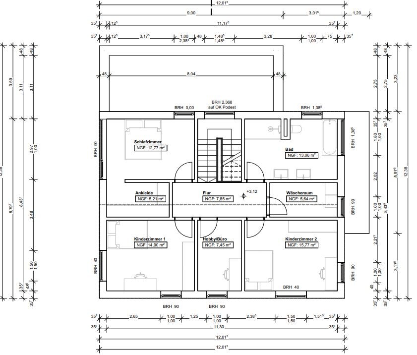Grundriss eines Hauses: Flur, Treppen, Schlafzimmer, Ankleide, 2 Kinderzimmer, Hobby/Büro, Bad