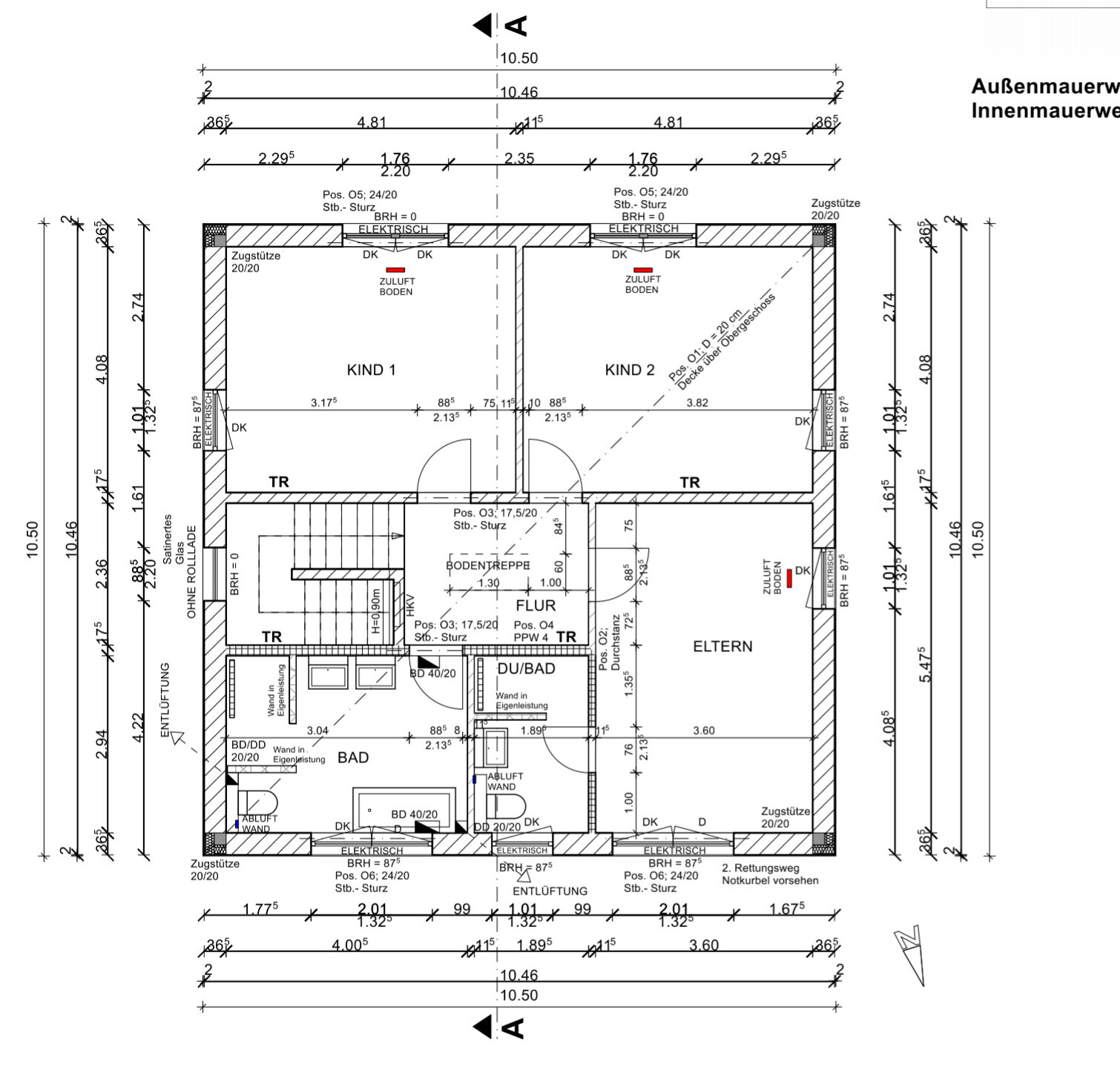 Grundriss eines Hauses mit KIND 1, KIND 2, ELTERN, BAD, FLUR, TREPPEN.