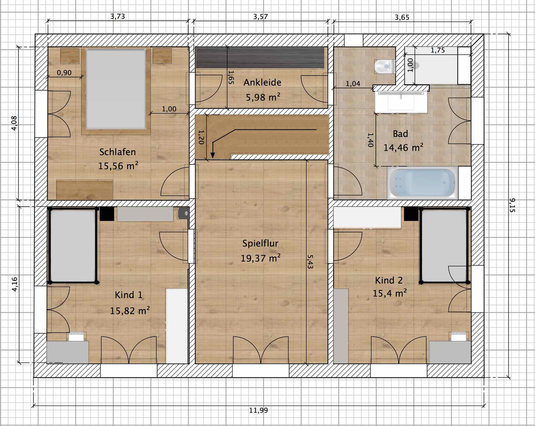 Grundriss: Zwei Kinderzimmer, Schlafzimmer, Bad, Ankleide; zentraler Spielflur.