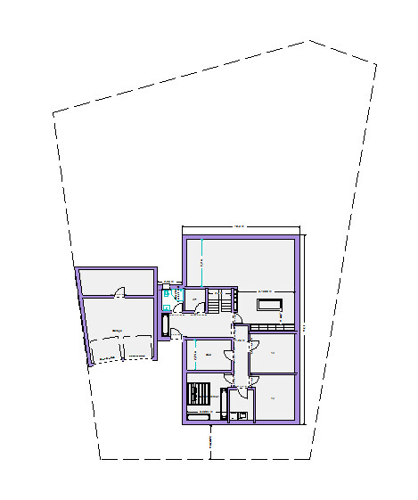 Grundriss eines Hauses mit mehreren Räumen, Treppenhaus und Türen.