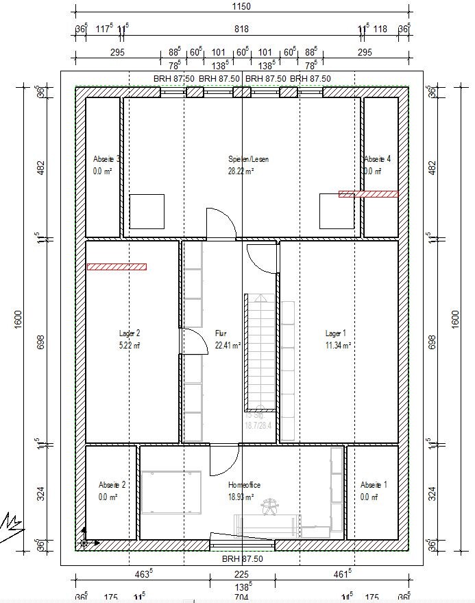 Grundriss eines Hauses mit Spielen/Lesen-Raum, Flur, Lager, Homeoffice und Abseiten.