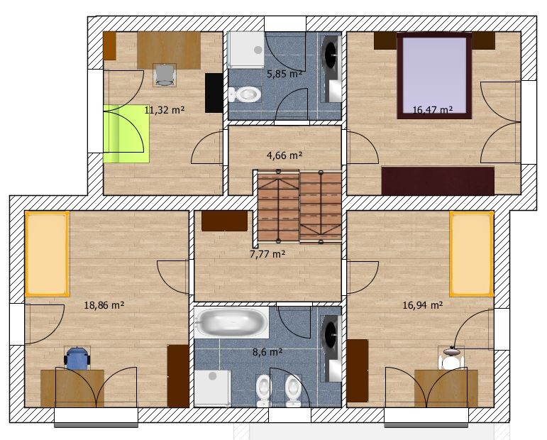 Grundriss eines Hauses mit zentralem Treppenhaus, vier Schlafzimmern und zwei Bädern.
