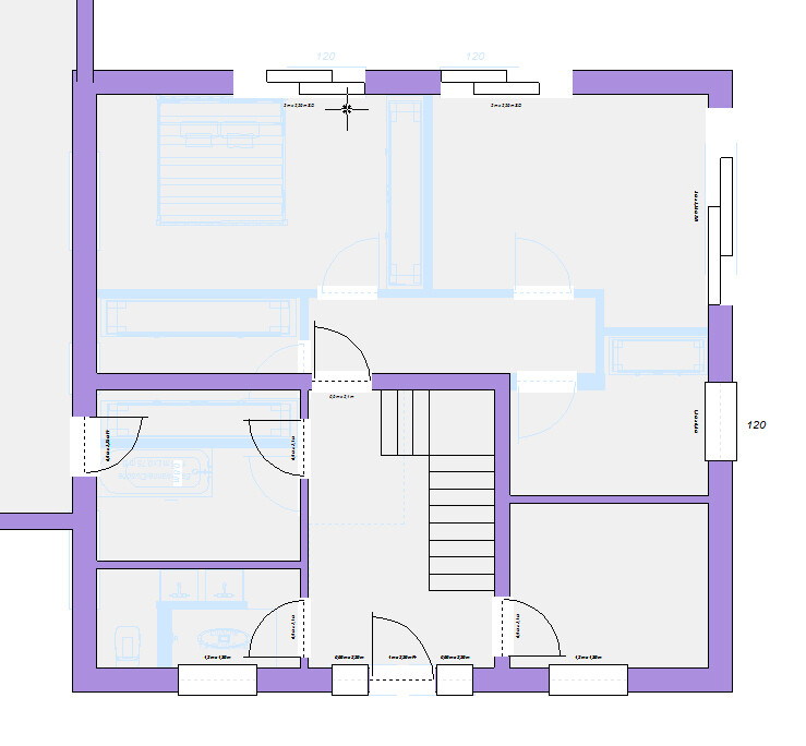 Top-down Grundriss eines Stockwerks mit Türen, Treppen und mehreren Zimmern.