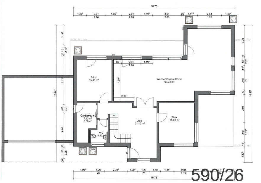 Grundriss eines Hauses: Offene Küche, Wohnen/Essen/Küche, zwei Büros, Diele, WC, Abstellraum