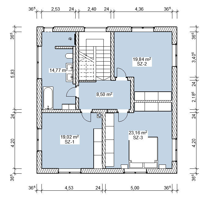 Grundriss eines Obergeschosses mit drei Zimmern (SZ-1, SZ-2, SZ-3), Bad, Flur und Treppe.