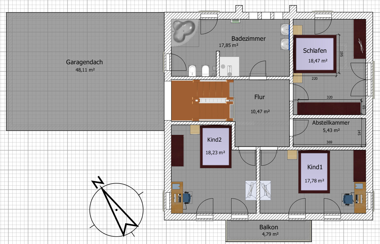 Grundriss eines Hauses mit Schlafzimmer, Bad, Flur, zwei Kinderzimmer, Balkon und Garage