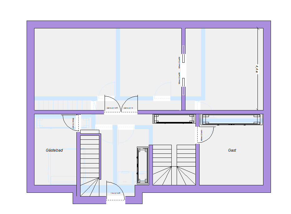 Grundriss eines Hauses: Obergeschoss mit Treppen, Fluren, Gastzimmer und Gäste Bad.