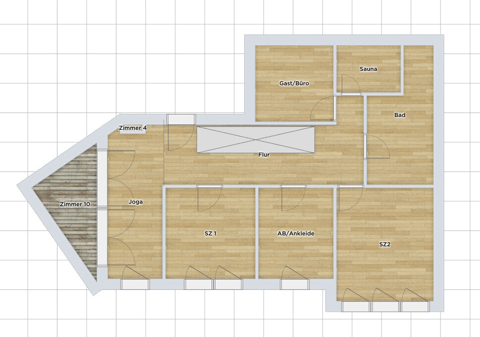 Grundriss eines Hauses: Flur, SZ1, SZ2, AB/Ankleide, Zimmer 4, Joga, Gäste/Büro, Sauna, Bad