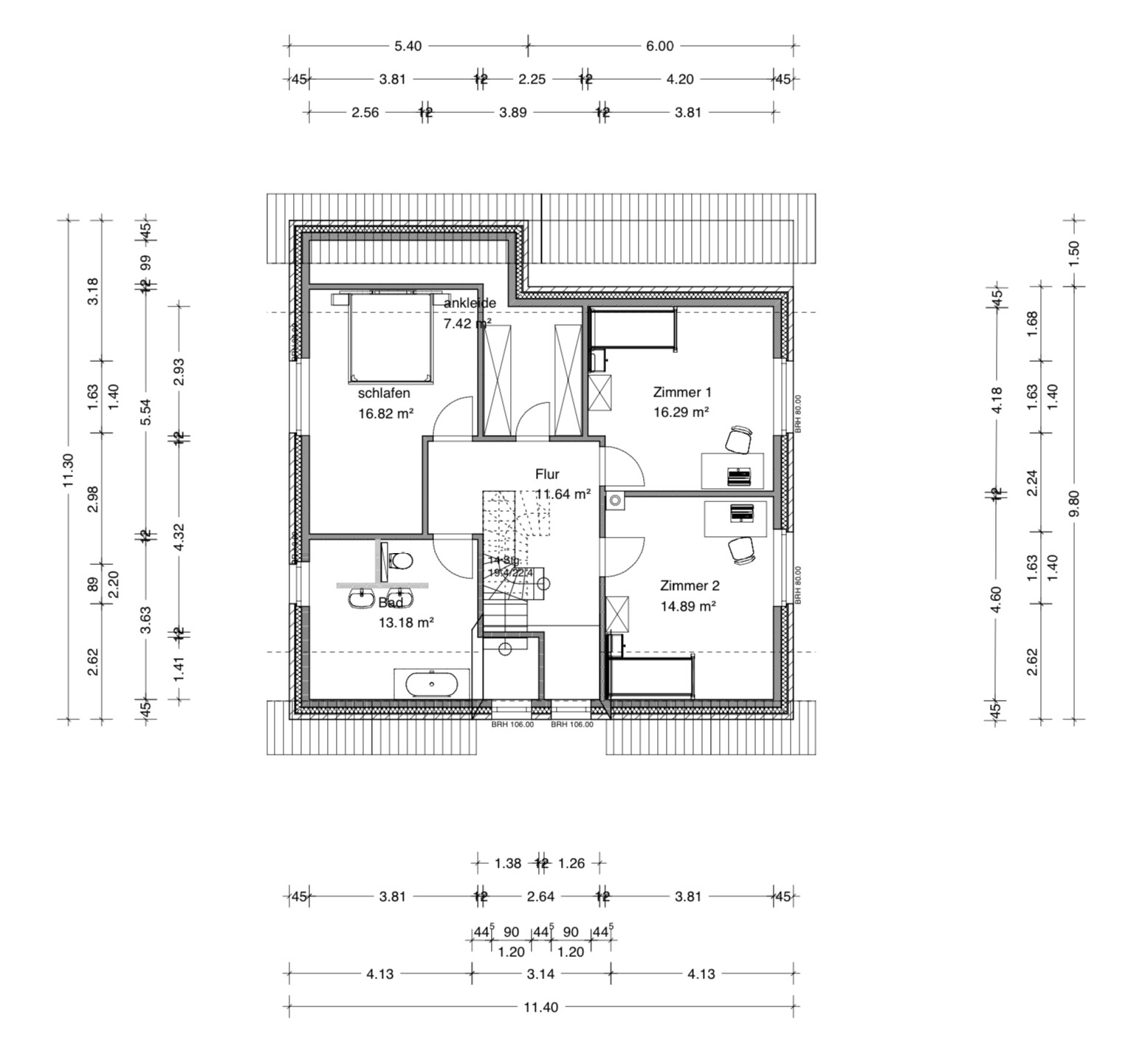 Grundriss des Obergeschosses mit Schlafzimmer, Ankleide, Bad, Flur, Zimmer 1 und Zimmer 2.