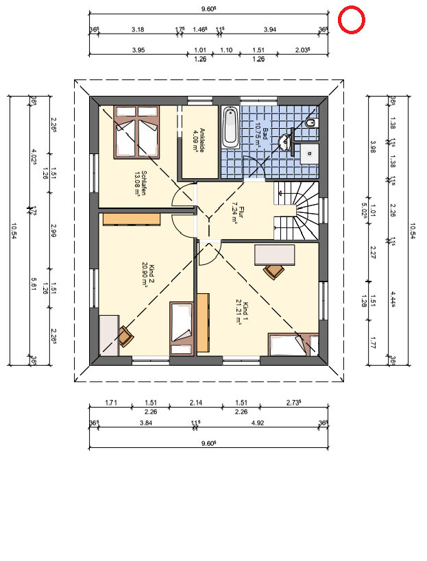 Grundriss eines Hauses zeigt Schlafzimmer, Ankleide, Bad, Küche, Wohnzimmer, Flur und Treppe.