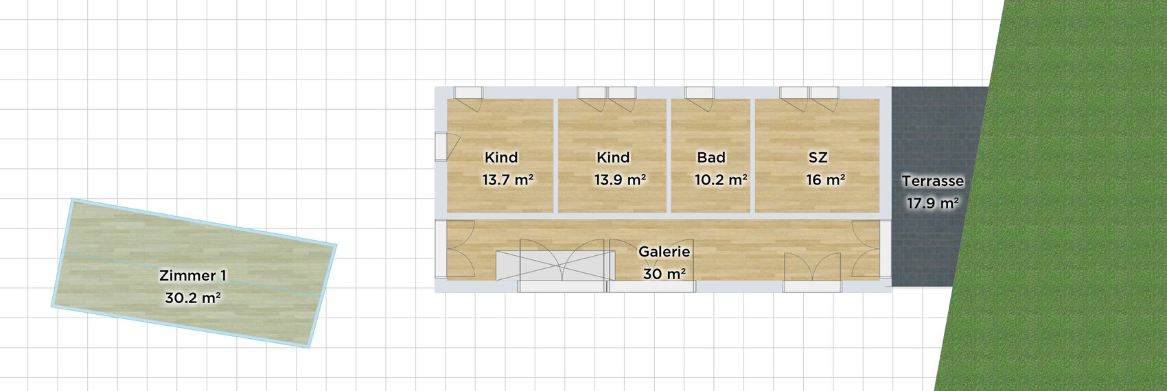 Grundriss eines Hauses: Zimmer 1 links, mehrere Räume (Kind, Bad, SZ), Terrasse und Galerie.