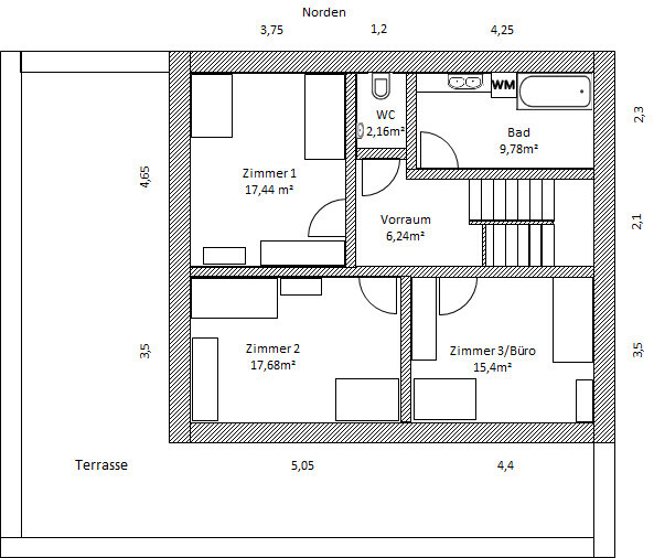 Grundriss einer Wohnung: 3 Zimmer/Büro (17,44; 17,68; 15,4 m²), Vorraum, WC, Bad, Terrasse