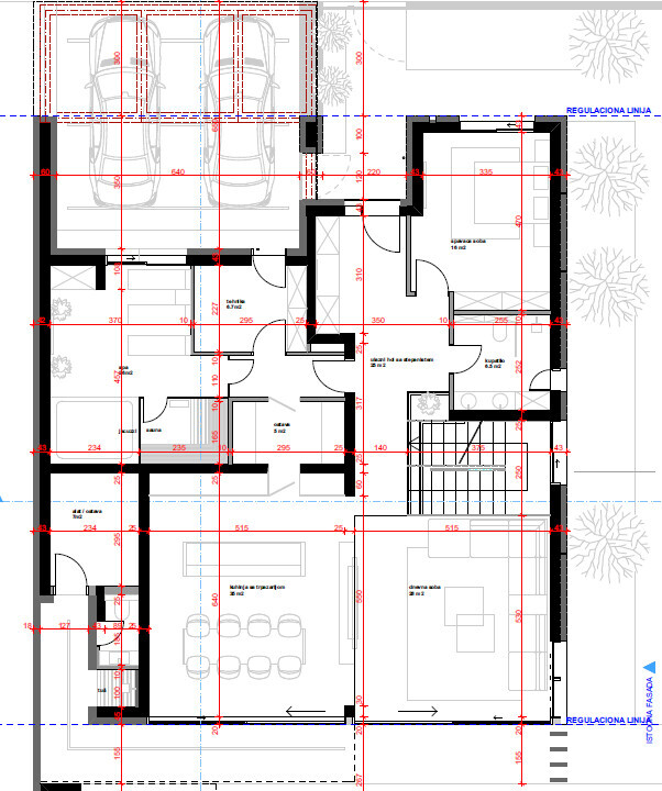 Grundriss eines Hauses: Garage mit zwei Autos, mehrere Zimmer, Küche, Wohnzimmer, Treppenhaus.